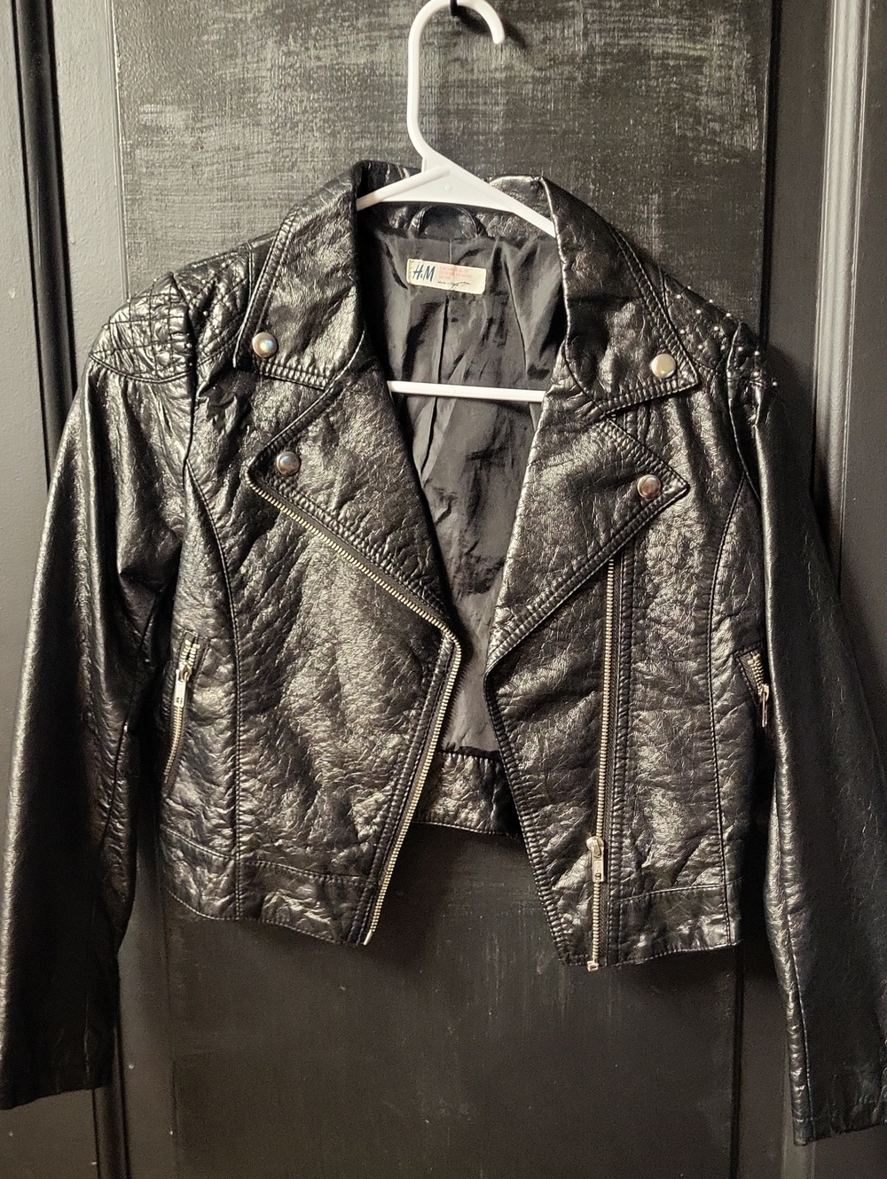H&M Black Faux Leather Cropped Moto Jacket